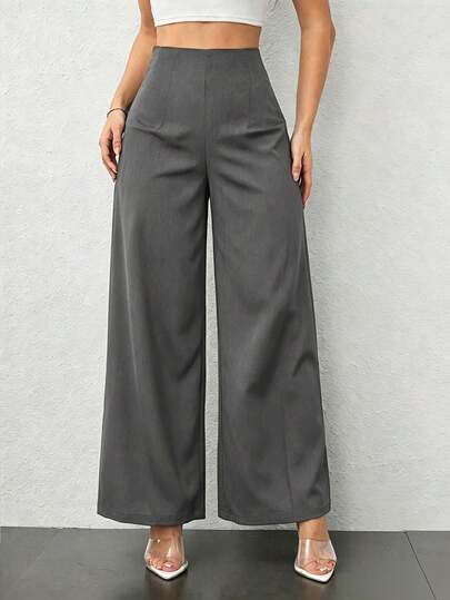 SHEIN PETITE Women's Simple Casual Fashion Back-To-School Season Old Money Commuting High-Waist Texture Wide-Leg Trousers,Business Casual Woman ,Petite Women